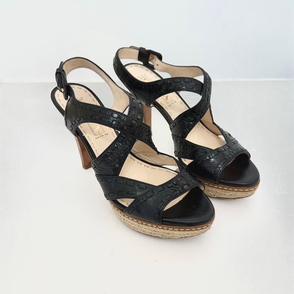 Prada Crisscross Platform Sandals Heels Black Leather Espadrille Platform 36.5 - Picture 2 of 12
